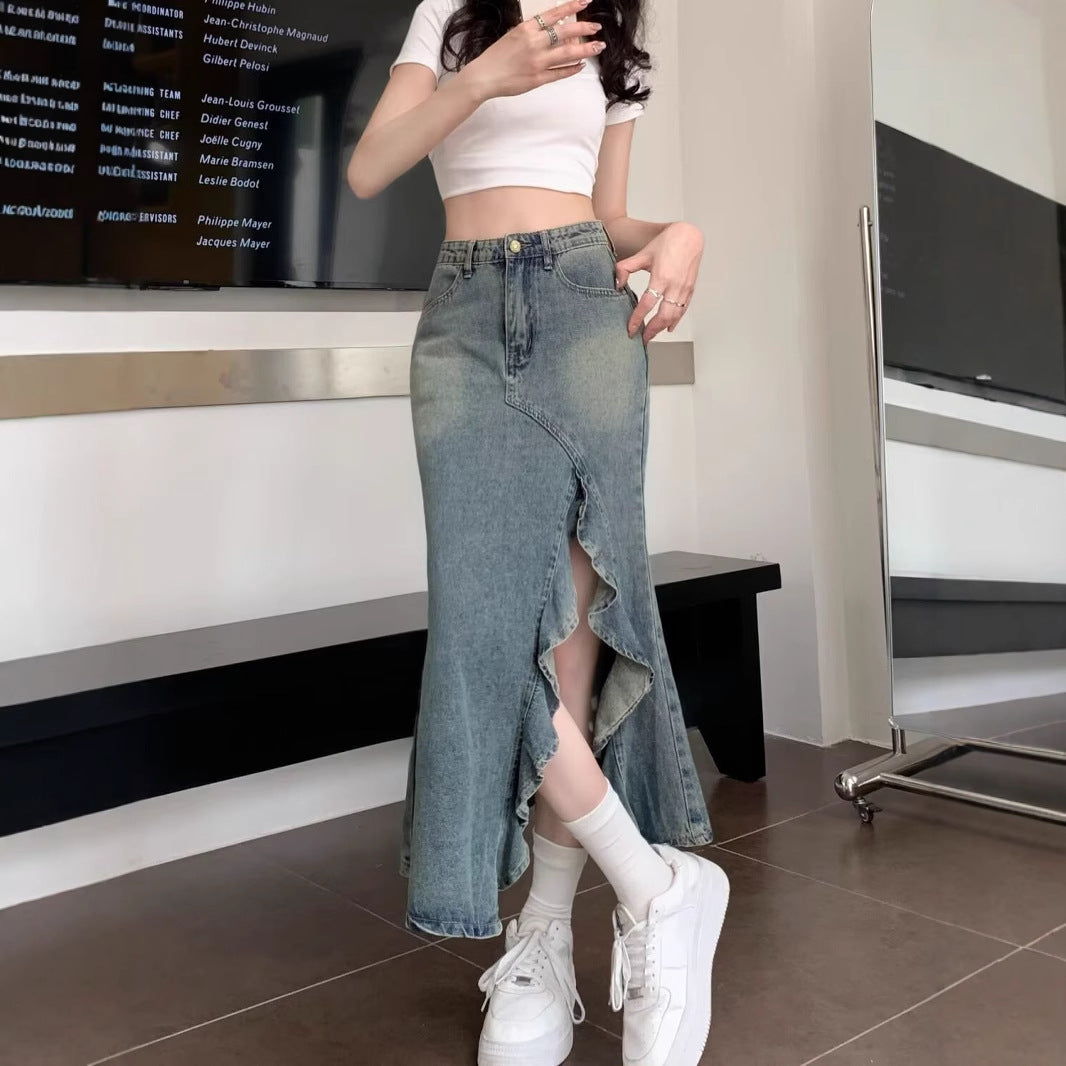Irregularly Split Fishtail Denim Skirt