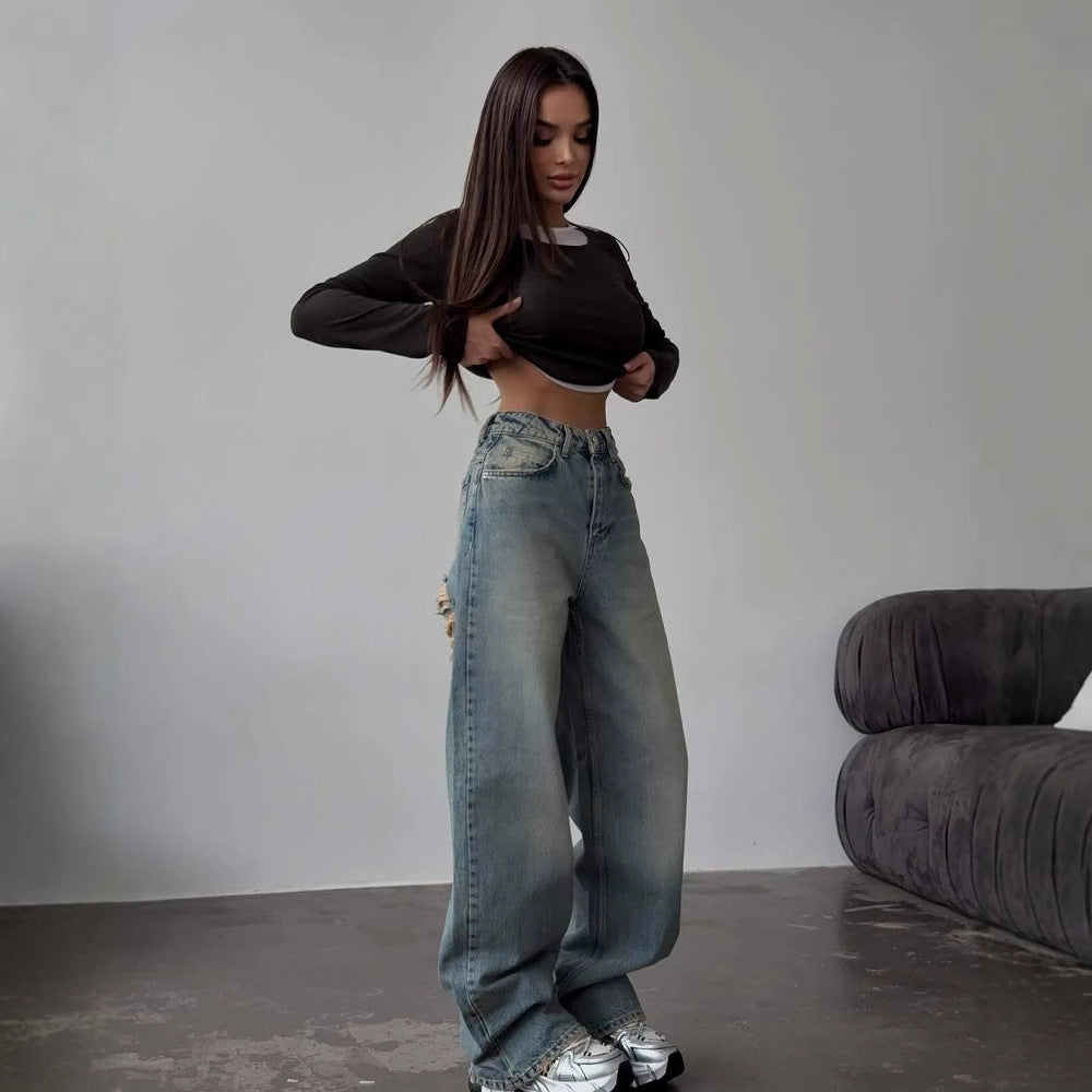 Retro Spicy High Waist Straight Mop Back Ripped Design Jeans