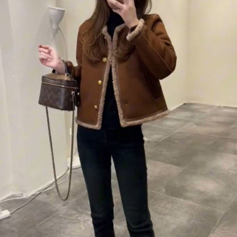 Womens Stylish Casual Cropped Lambswool Jacket