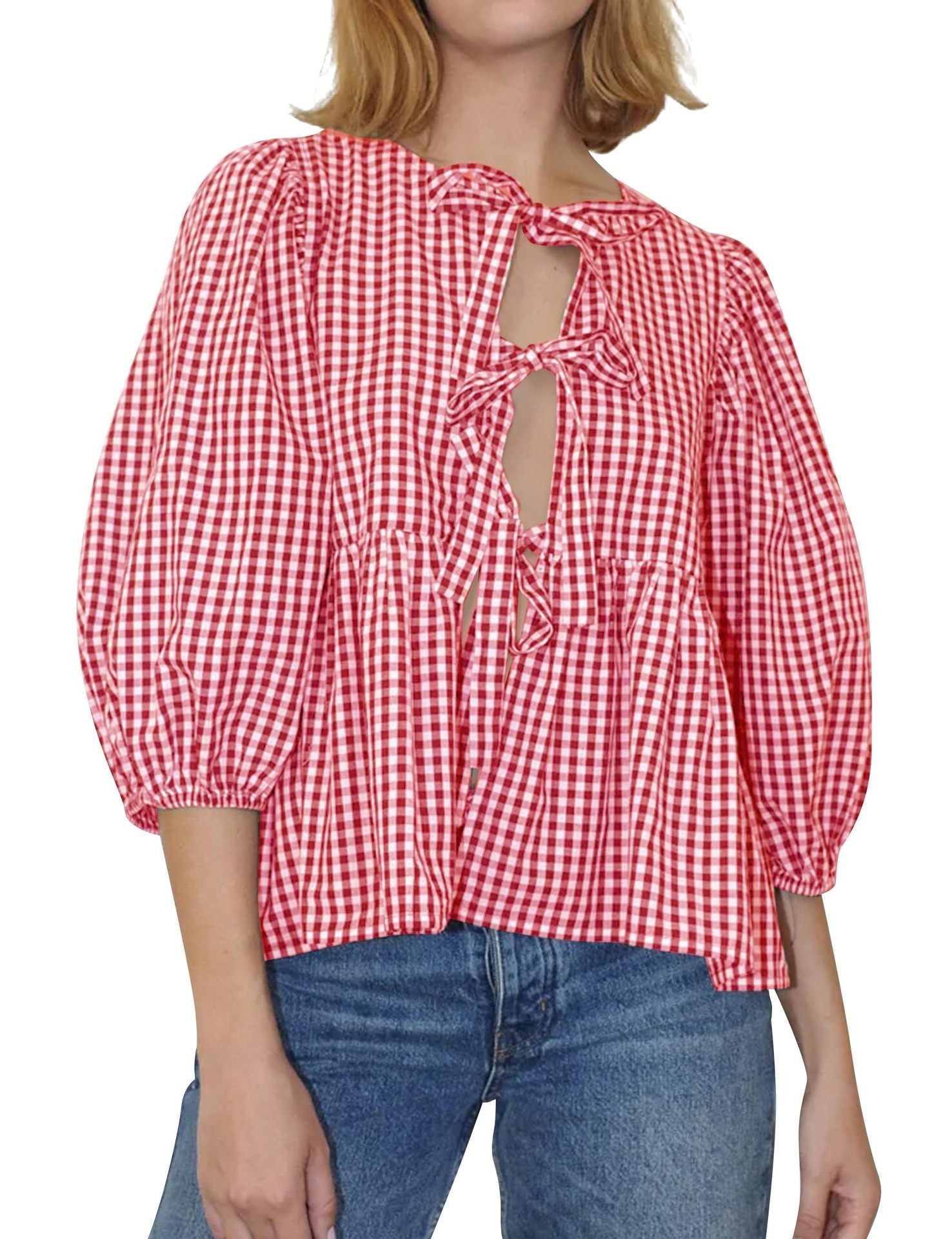 Spring And Summer New Women's Sweet And Casual Round Neck Bubble Sleeve Tied Striped Shirt