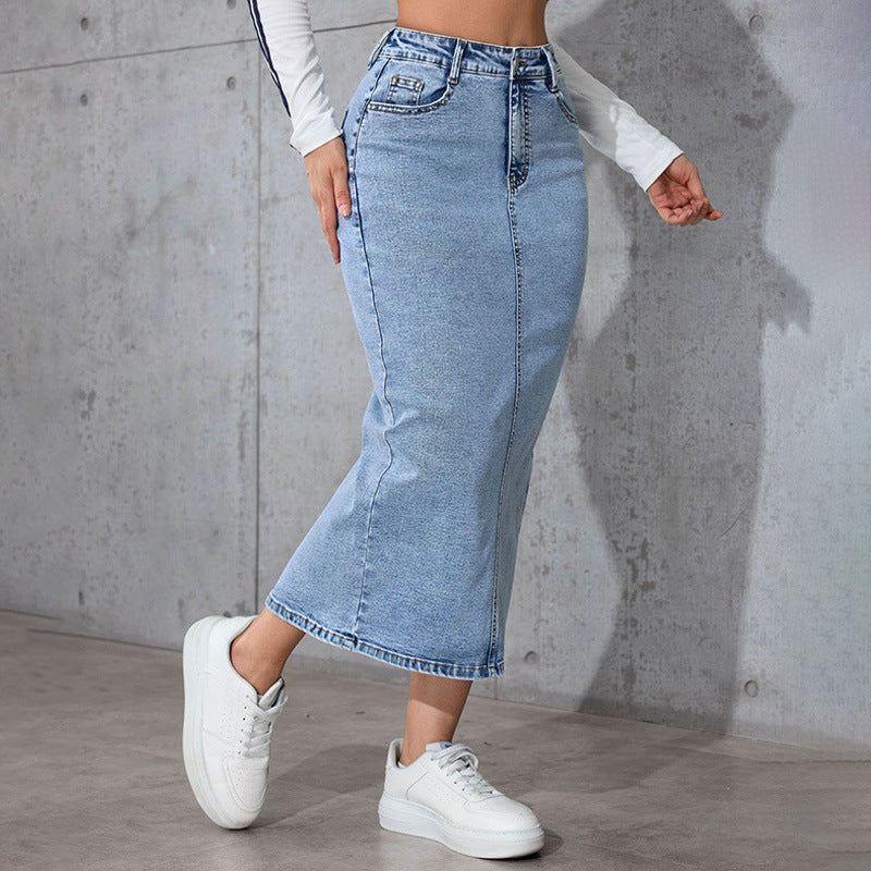 Womens Solid-Color High-Waist Plus-Size Split Pencil Skirt