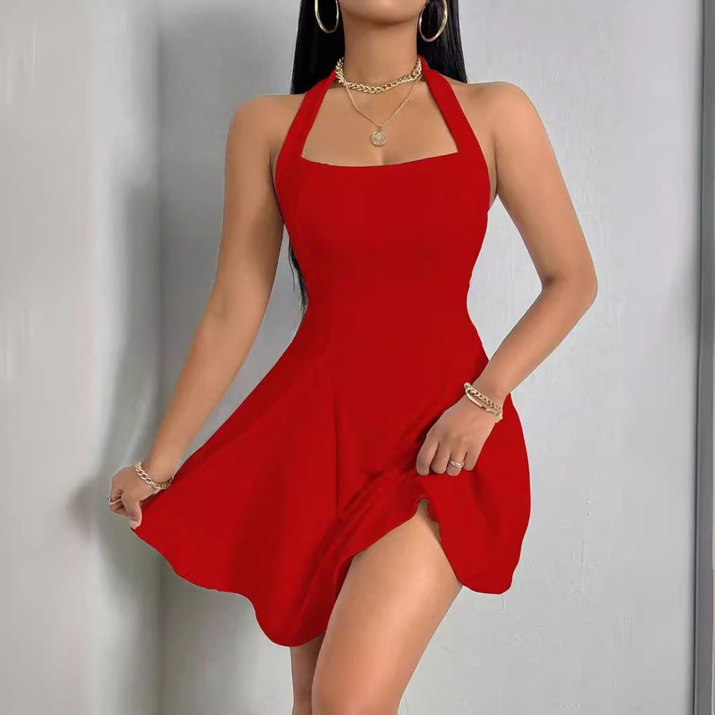 Pure Color Halter Backless Sleeveless Dress