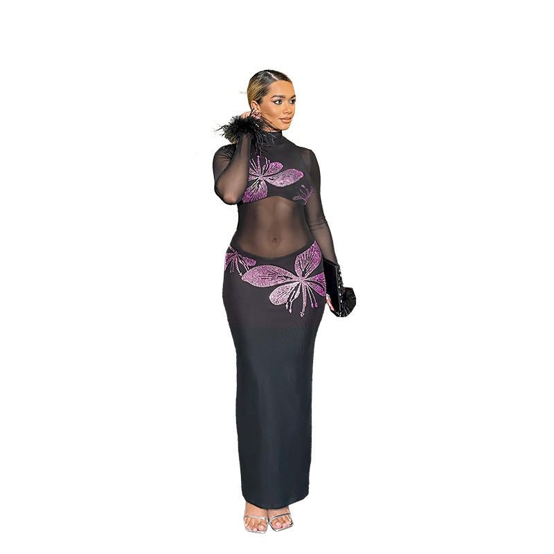 Butterfly Rhinestone Long Sleeve Dress