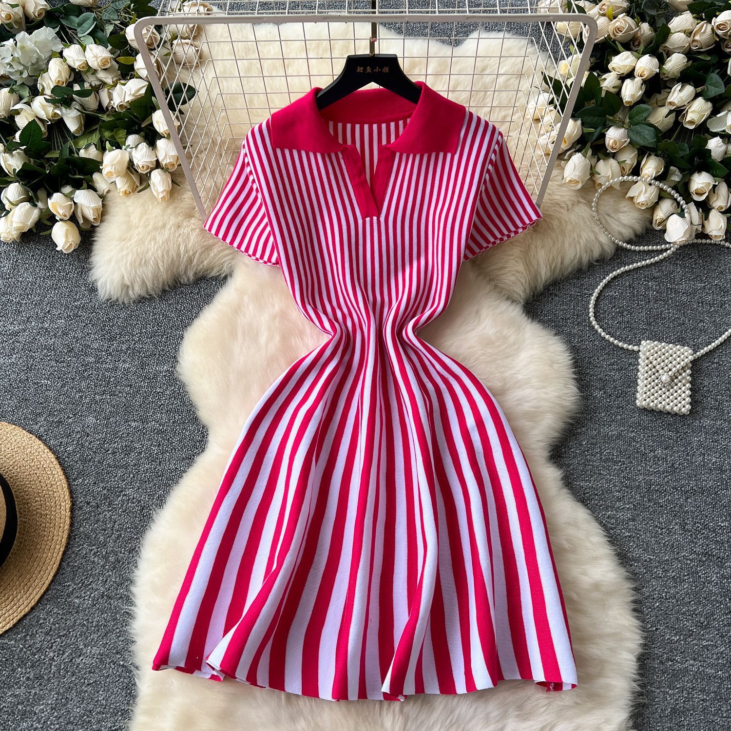 Contrast Color Retro Lapel Short Sleeve Striped Knitted Dress