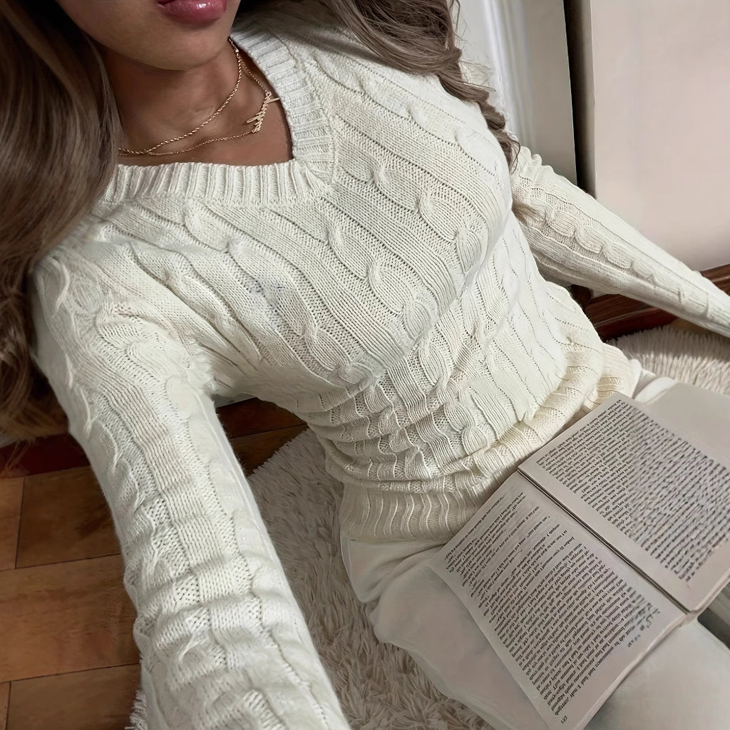 V-neck Cable-knit Sweater Versatile Long-sleeve Knit Top