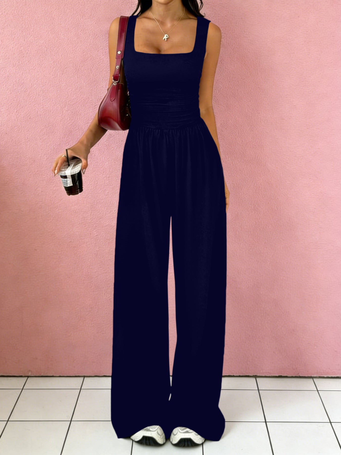 Solid-Color Sexy Tank Top Casual Wide-Leg Pants Two-Piece Set