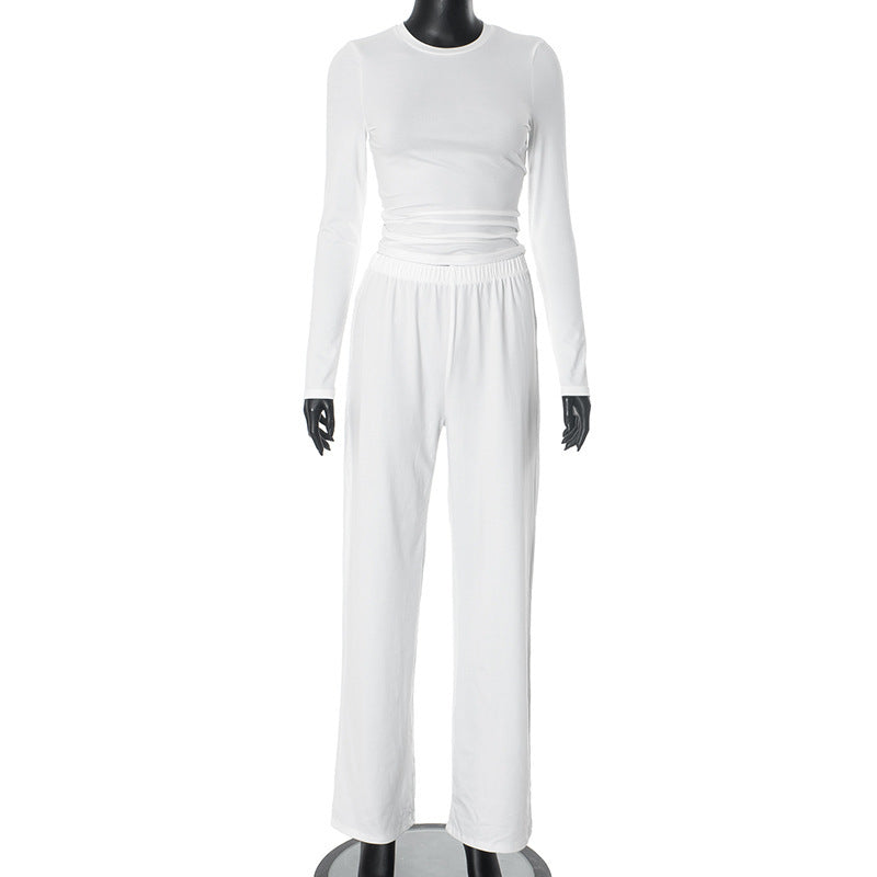 European And American Solid Color Long-sleeved Top Wide Leg Pants Suit Women