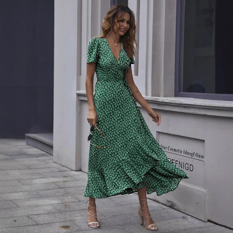 V-neck Chiffon Printed Ruffles Tied Dress