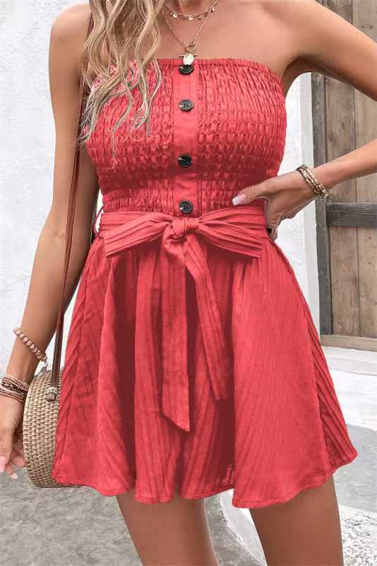Women's Clothing Pure Color Tied Tube Top Sexy Fashion Casual Jumpsuit