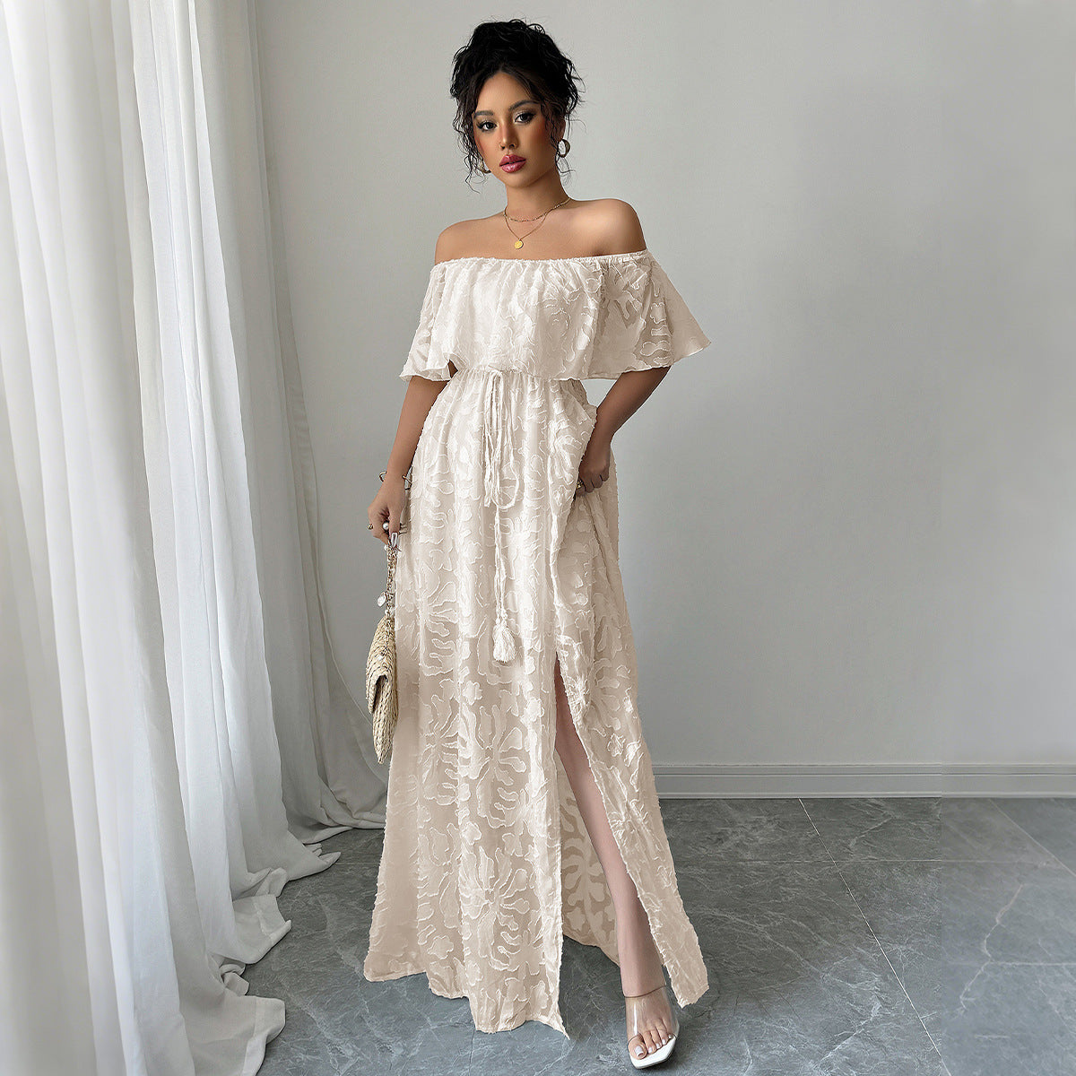 European And American Elegant Style Off-shoulder Lace Dress