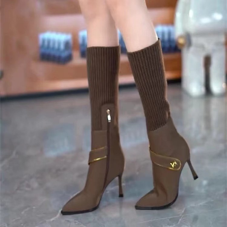 Stylish Stretchy Knit High-heeled Slim Boots With A Thin Heel For Women