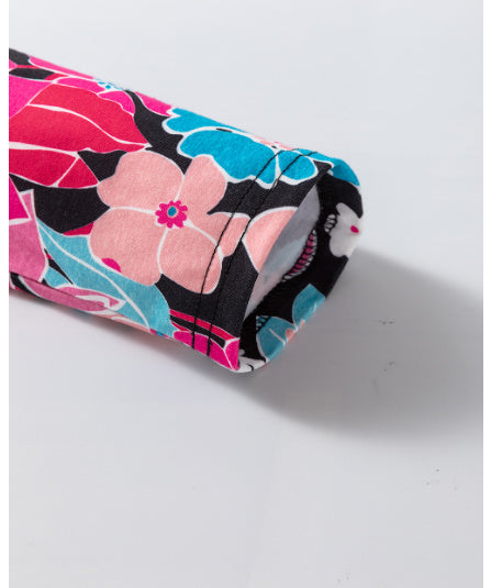 Floral V Neck Roll Tab Sleeve Blouse