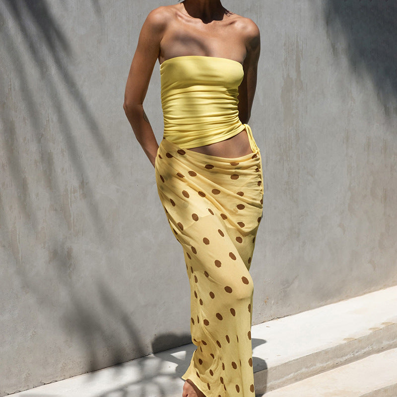 European And American Style Tube Top Hollow-out Dot Mesh Slim-fit Jumpsuit Long Dress For Women