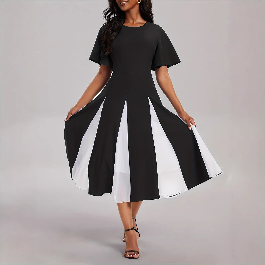 Contrast-color Chiffon Stitching Round Neck Short-sleeved Large Swing Dress Spring And Summer Women's Clothing