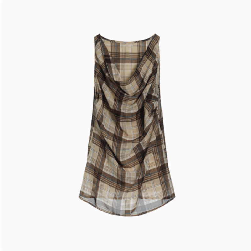 Vintage Check Pleated Swing Neck Sleeveless Tank Top
