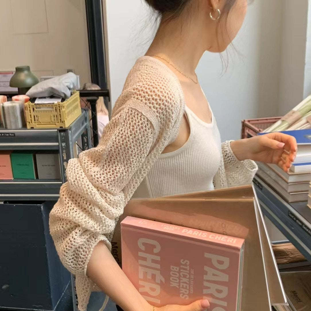 Pure Color Slimming V-neck Lace-up Hollow Knitted Cardigan