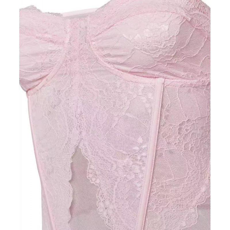 Lace Fishbone Semi-transparent Tube Top Short Skirt Suit