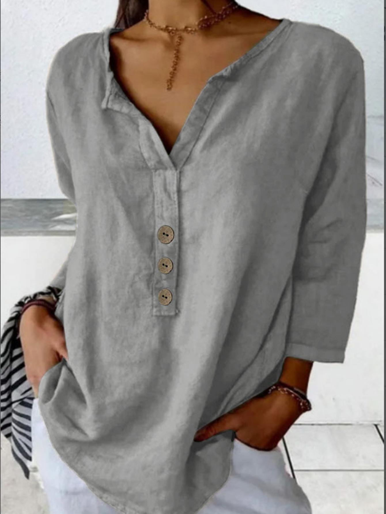 Solid Color Notched Collar Shirt Casual Button Shirt