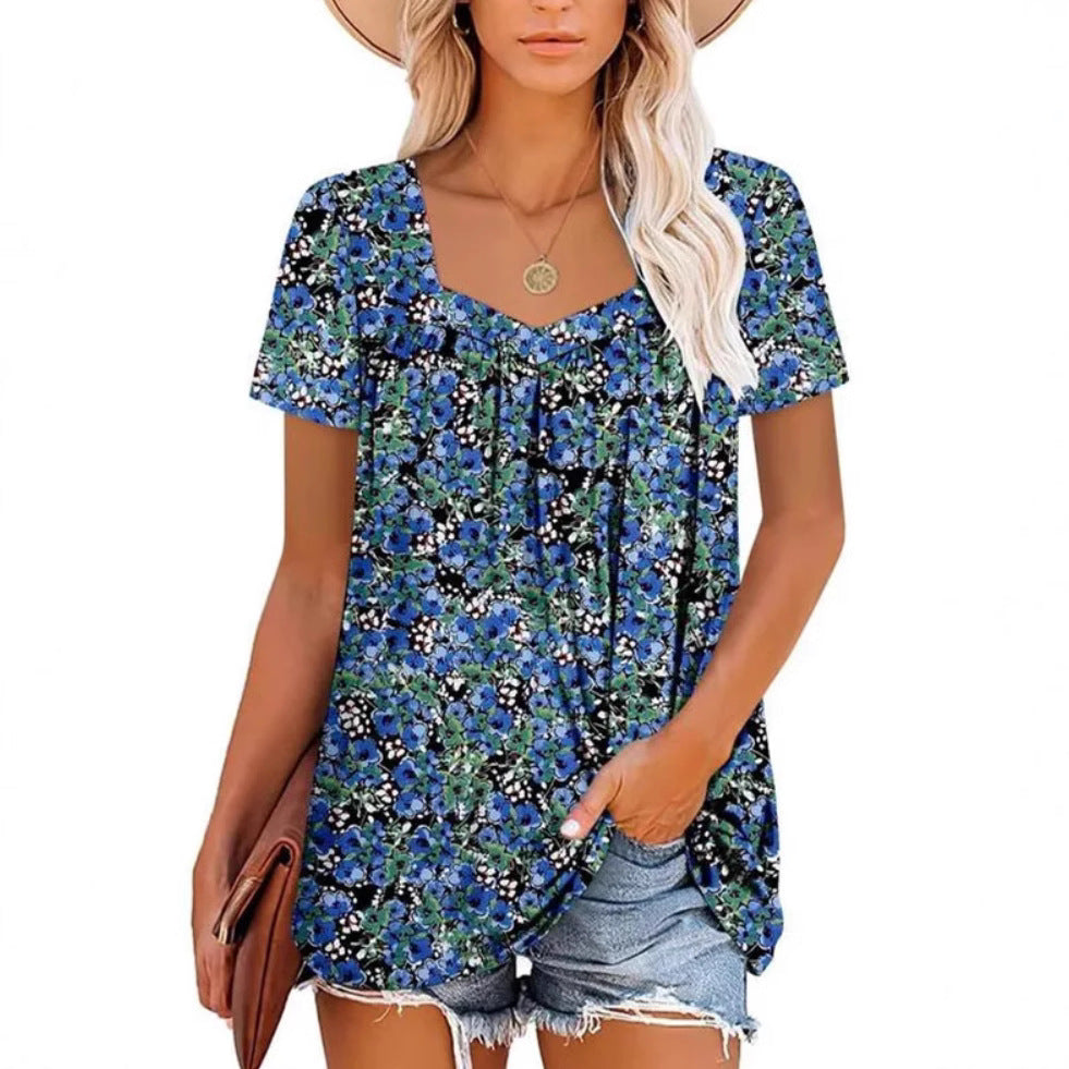 Women's Clothing Square Collar Short Sleeve Printed Loose T-shirt