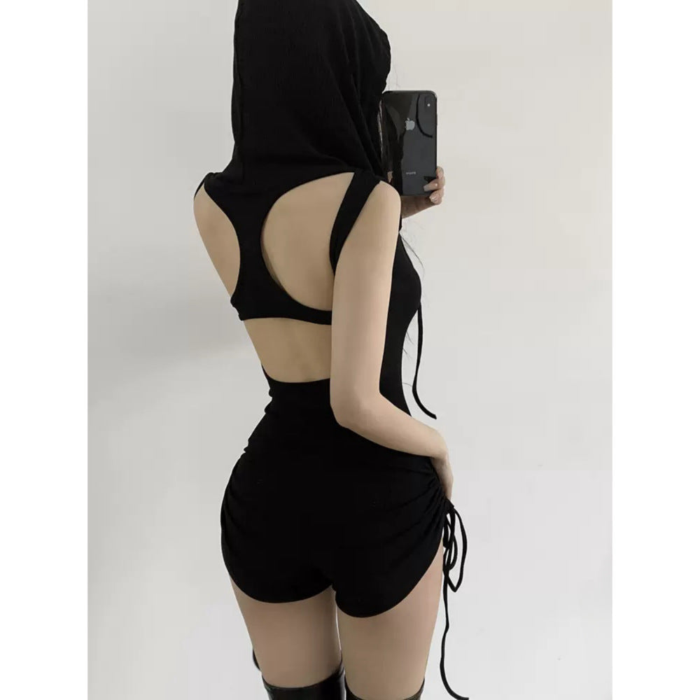 Hooded Drawstring Slim Sleeveless Backless Fitness One-piece Shorts