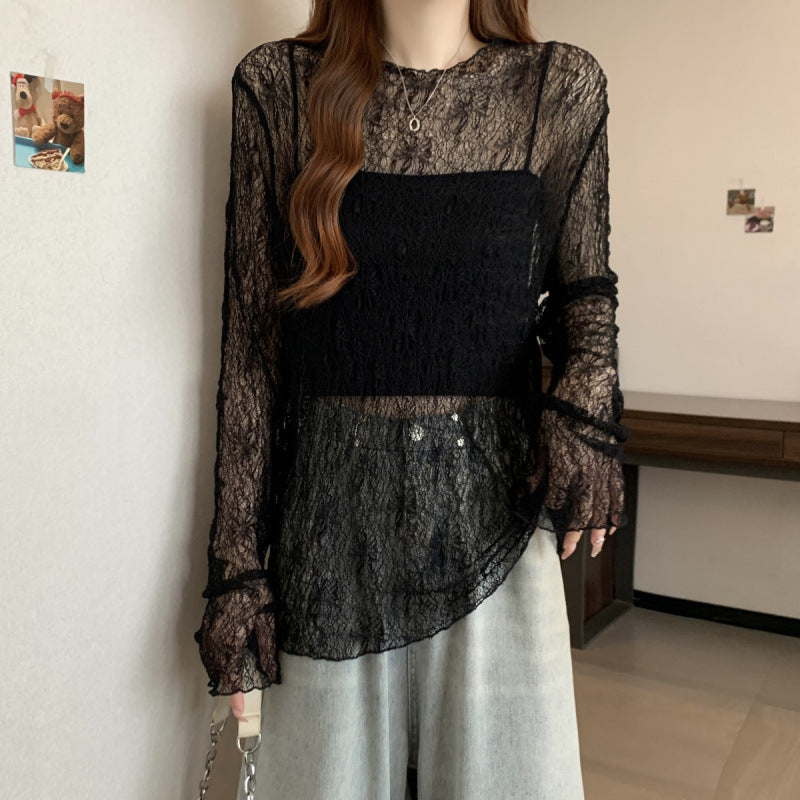Black Thin Slightly Sheer Lace Long Sleeve T-shirt