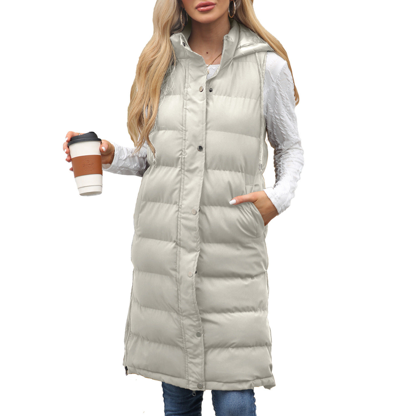 Ladies Hooded Sleeveless Zipper Cotton Padded Thickened