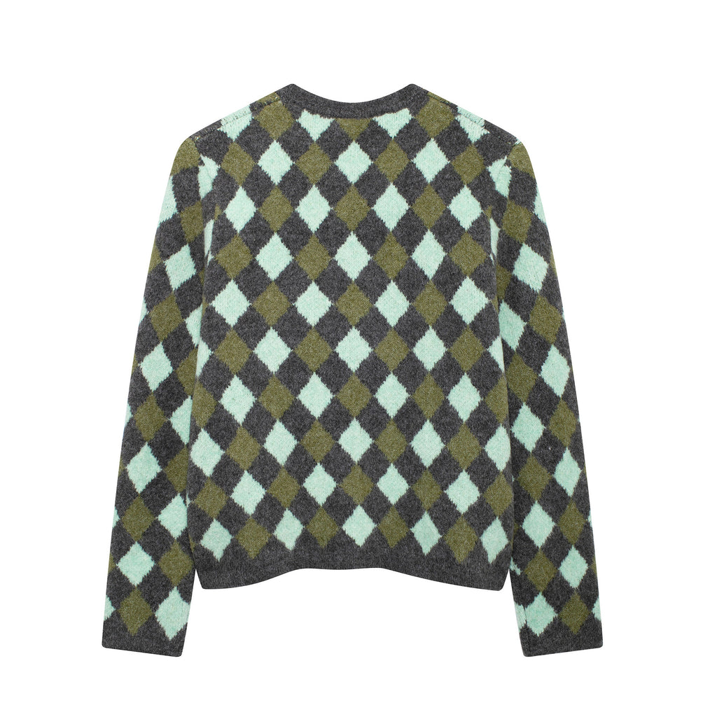 Diamond Pattern Jacquard Round Neck Knitted Cardigan Jacket