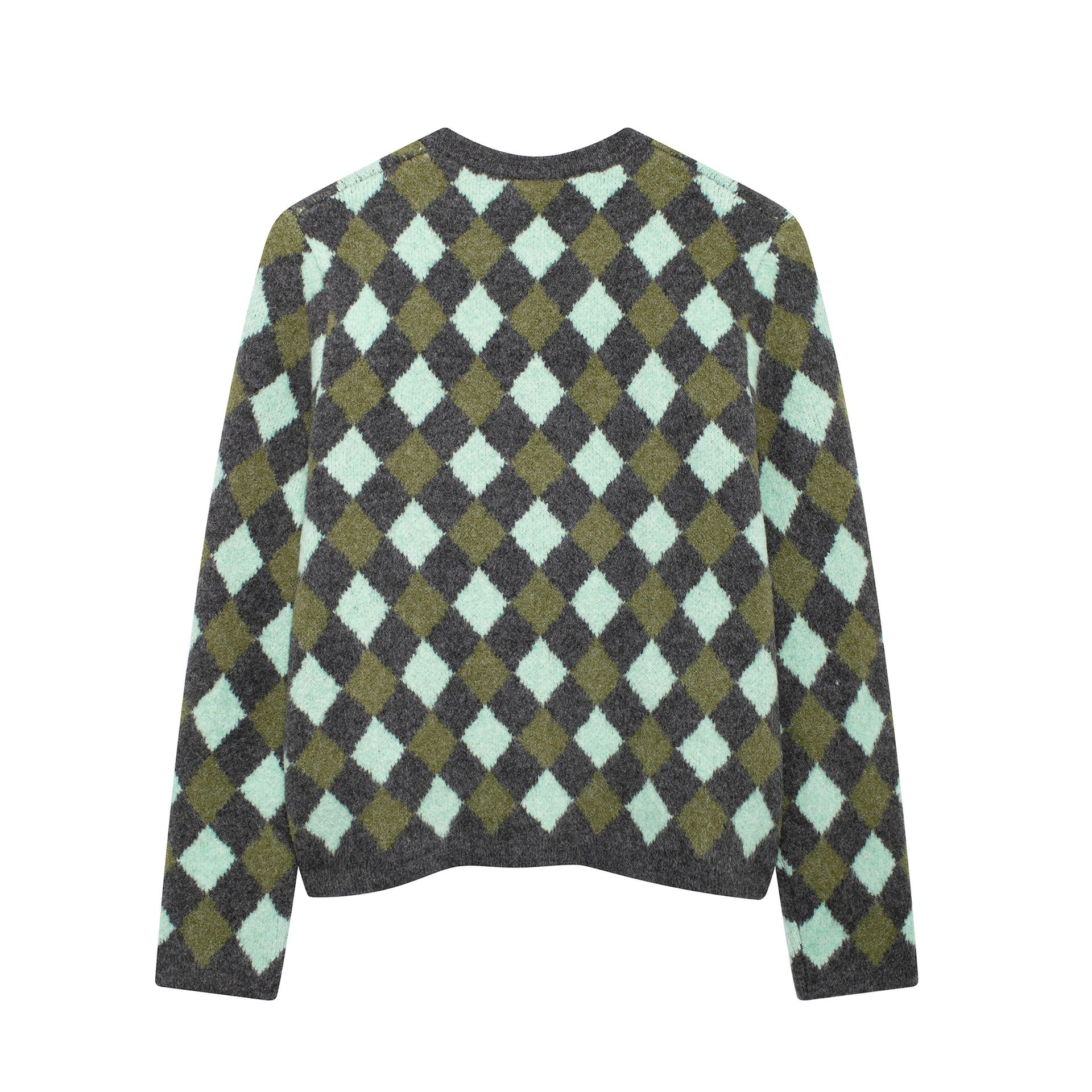 Diamond Pattern Jacquard Round Neck Knitted Cardigan Jacket