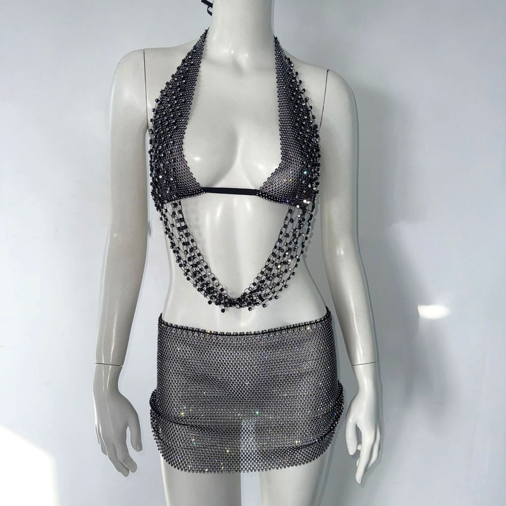 Stretch Fishnet Rhinestone Suspender Skirt Two-piece Set
