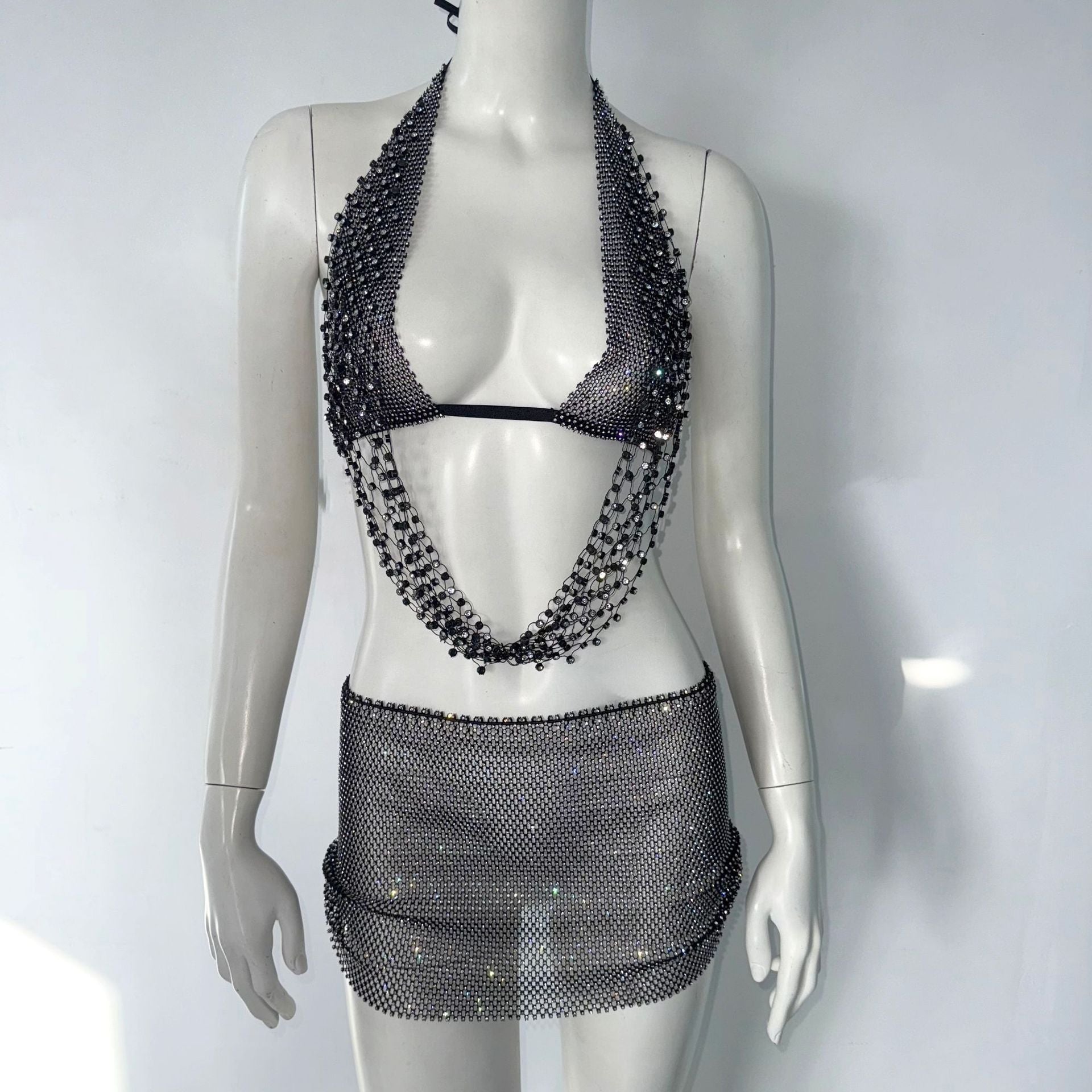 Stretch Fishnet Rhinestone Suspender Skirt Two-piece Set