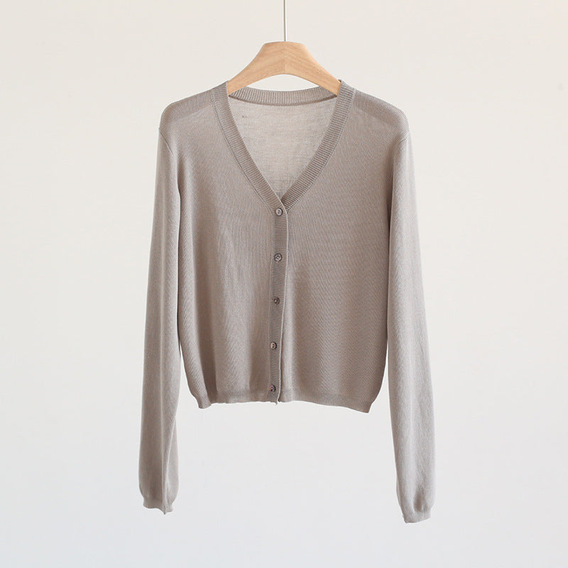 Spring And Summer V-neck Short Tencel Knitted Cardigan Pure Color All-matching