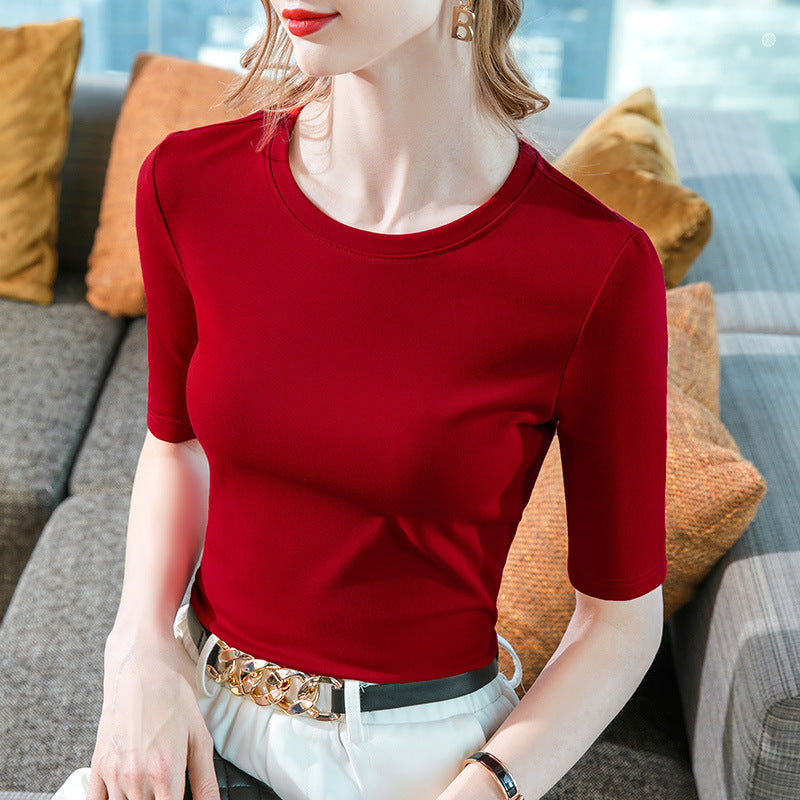 Women's Solid Color Round Neck Half-length Sleeve Cotton T-shirt Fashion Simple