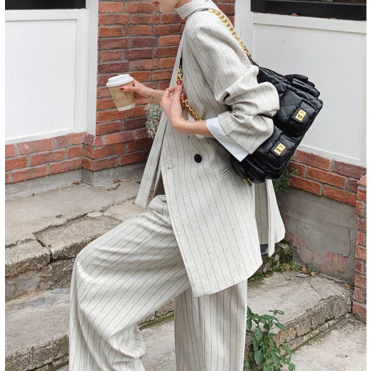 New Fashion Striped Blazer Wide-Leg Pants Two-Piece