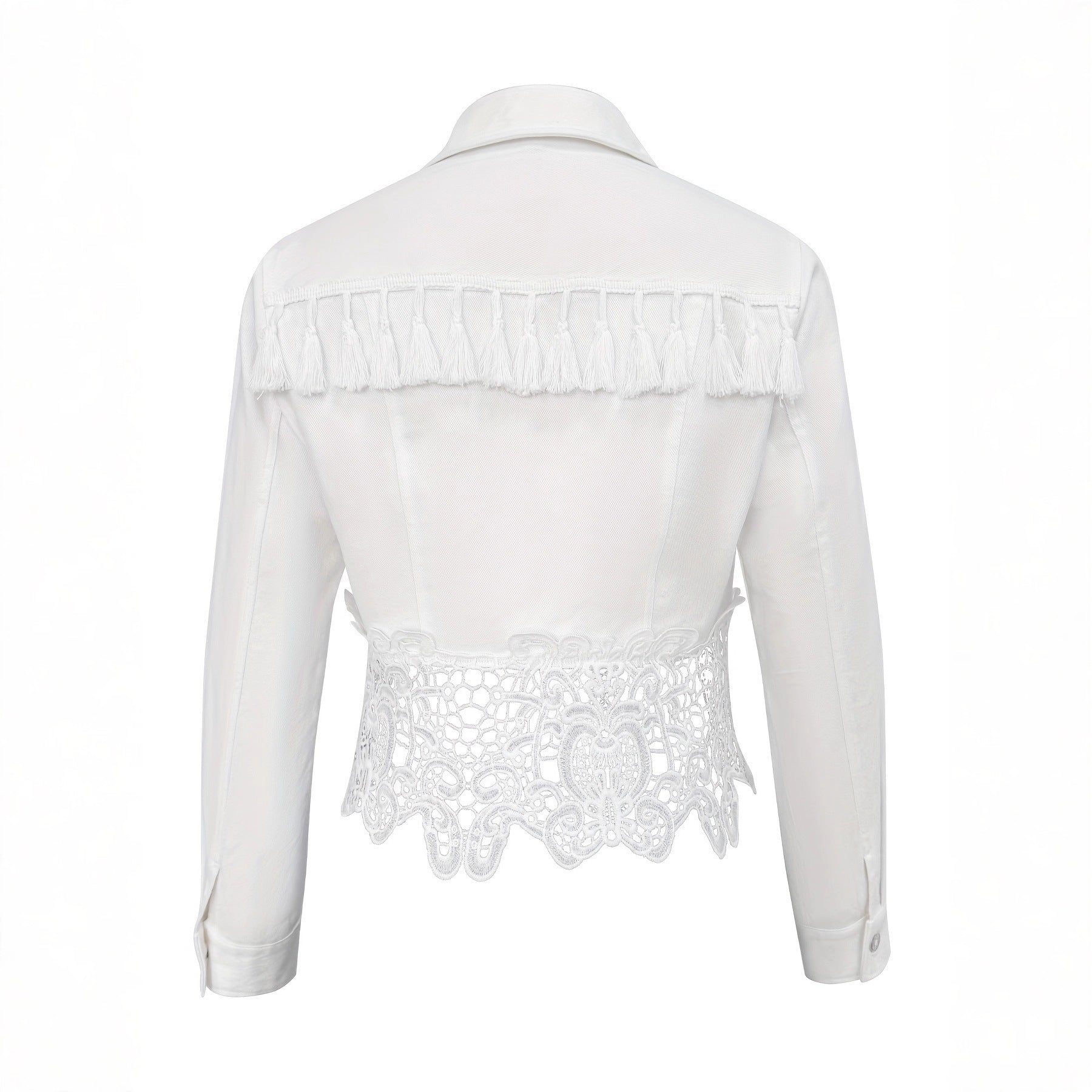 Lapel Hem Hollow-Out Patchwork Tassel Coat