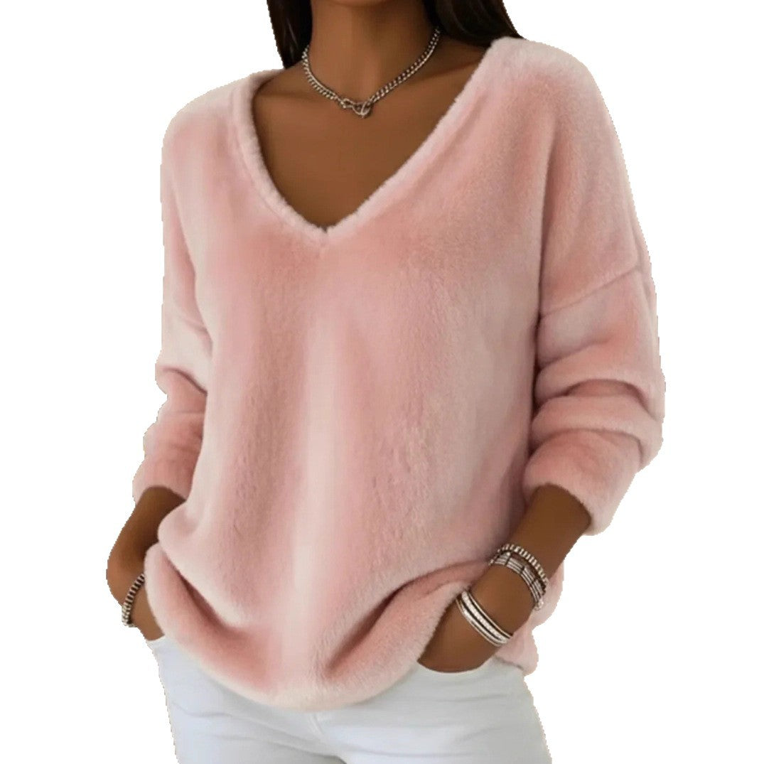Plush Pullover With A Drop-shoulder V-neck And Long Sleeves