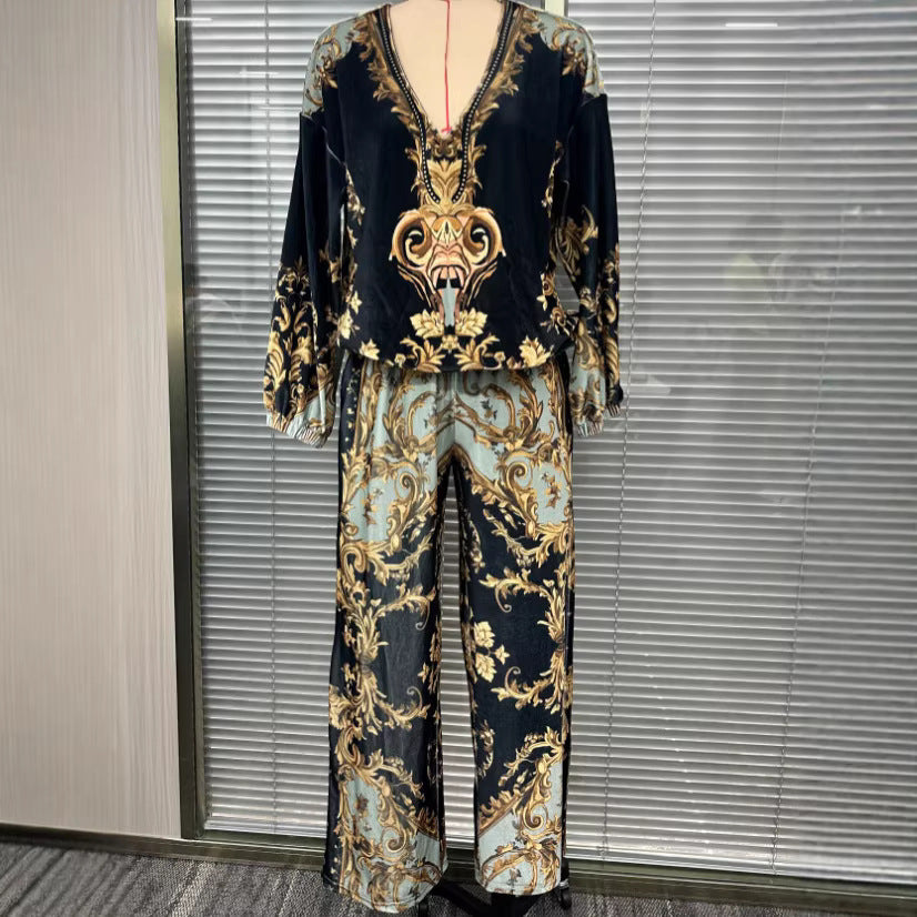 Womens Early Spring Resort-Style V-Neck Korean Fleece Print Set