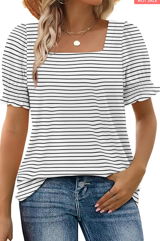 Fashion Simple U-neck Petal Sleeve Loose T-shirt