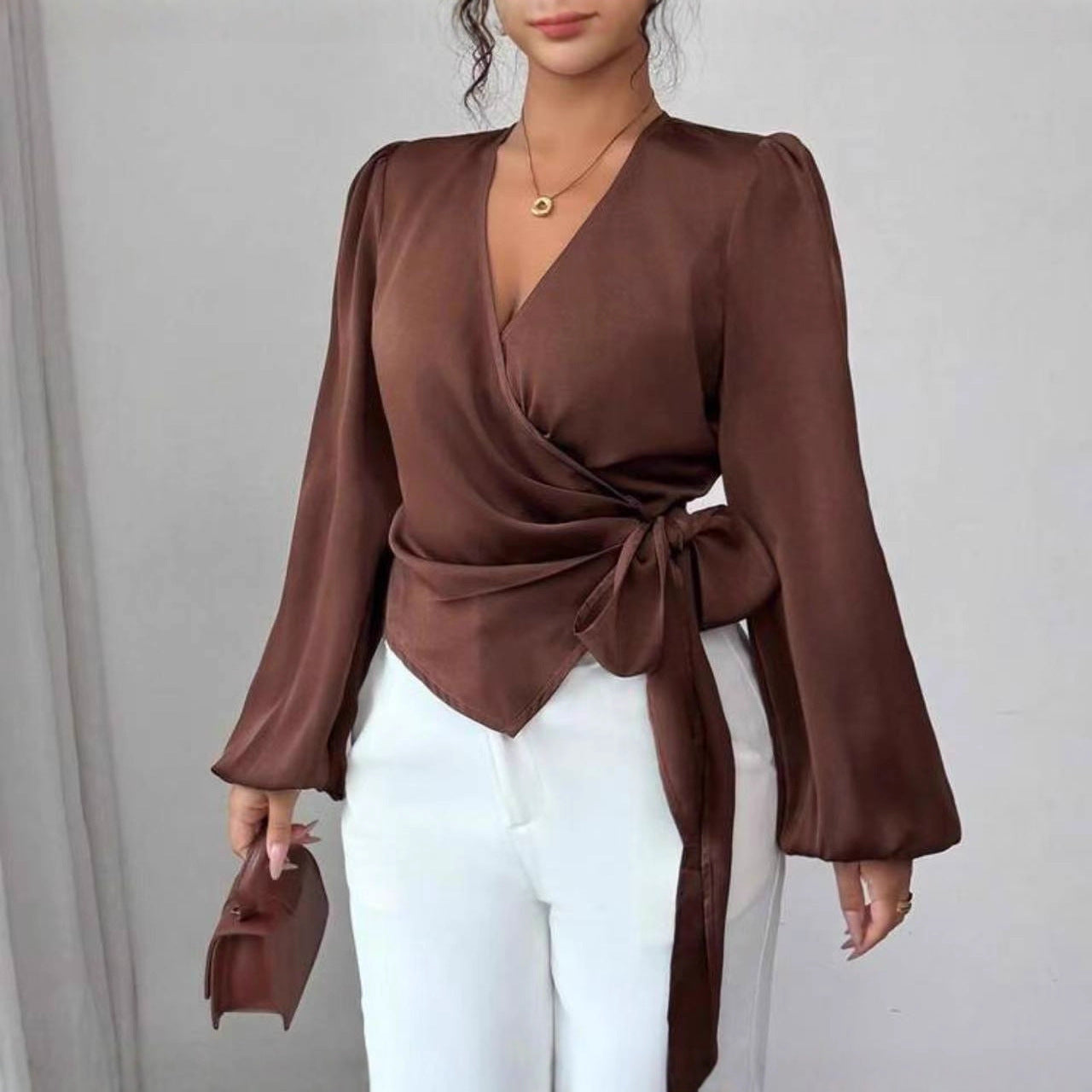 Light Mature Style New Long-sleeved Waist-cinching Belly-covering Shirt