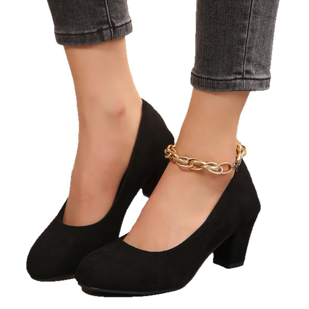 Autumn New Shallow Round Toe Thick Heel Slip-on Elegant High Heels