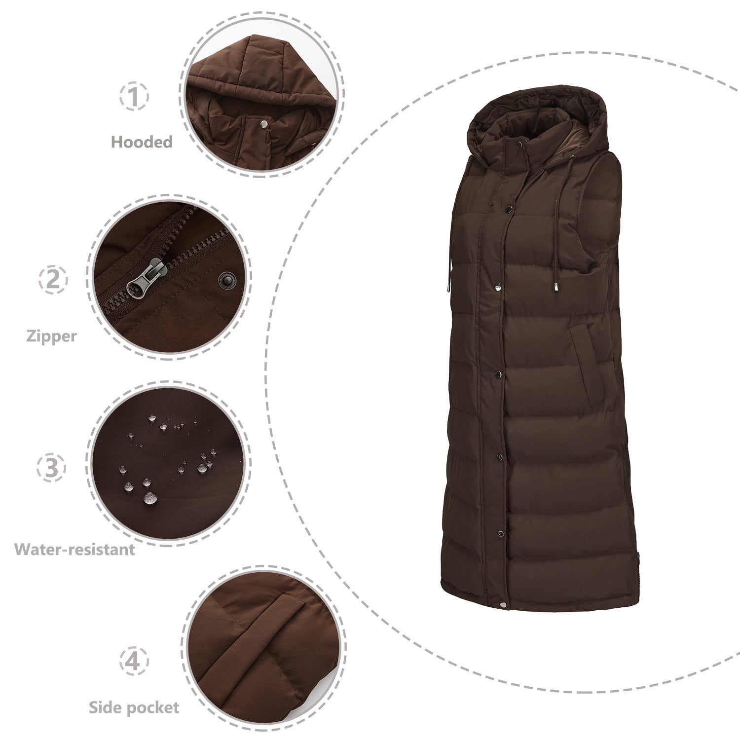 Ladies Hooded Sleeveless Zipper Cotton Padded Thickened
