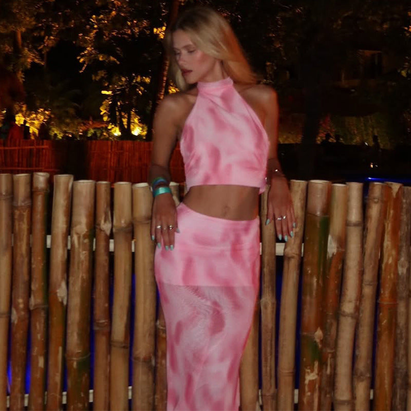 Sexy Halter Backless Print Mesh Skirt Suit