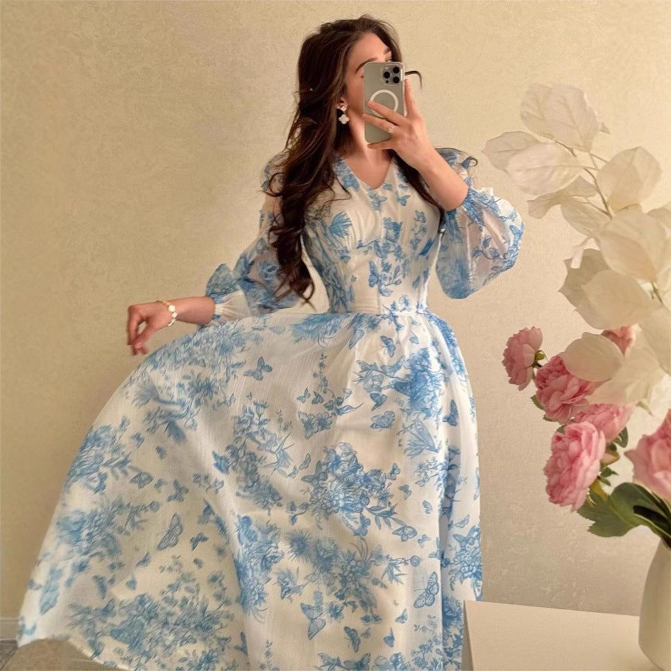 French Slim Fit Long Large Hem Holiday Dress