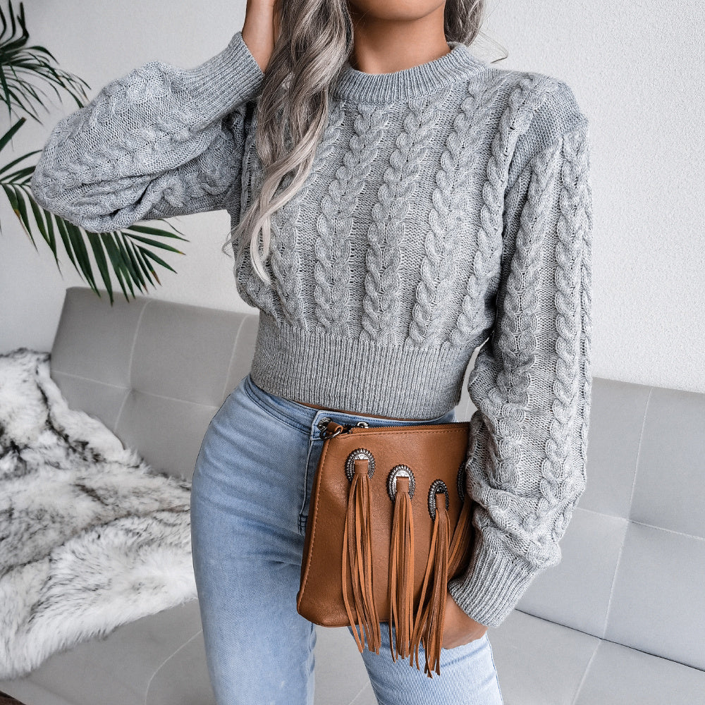 Cable Knit Waist Cinched Cropped Sweater