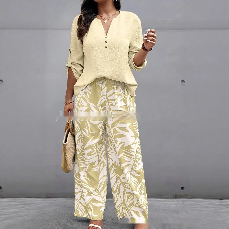 Ladies V-neck Shirt Tropical Plants Printed Pants Suit