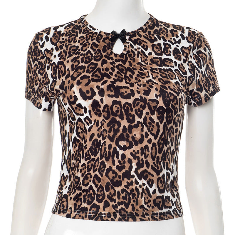 Women's Leopard Print Round Neck Bowknot