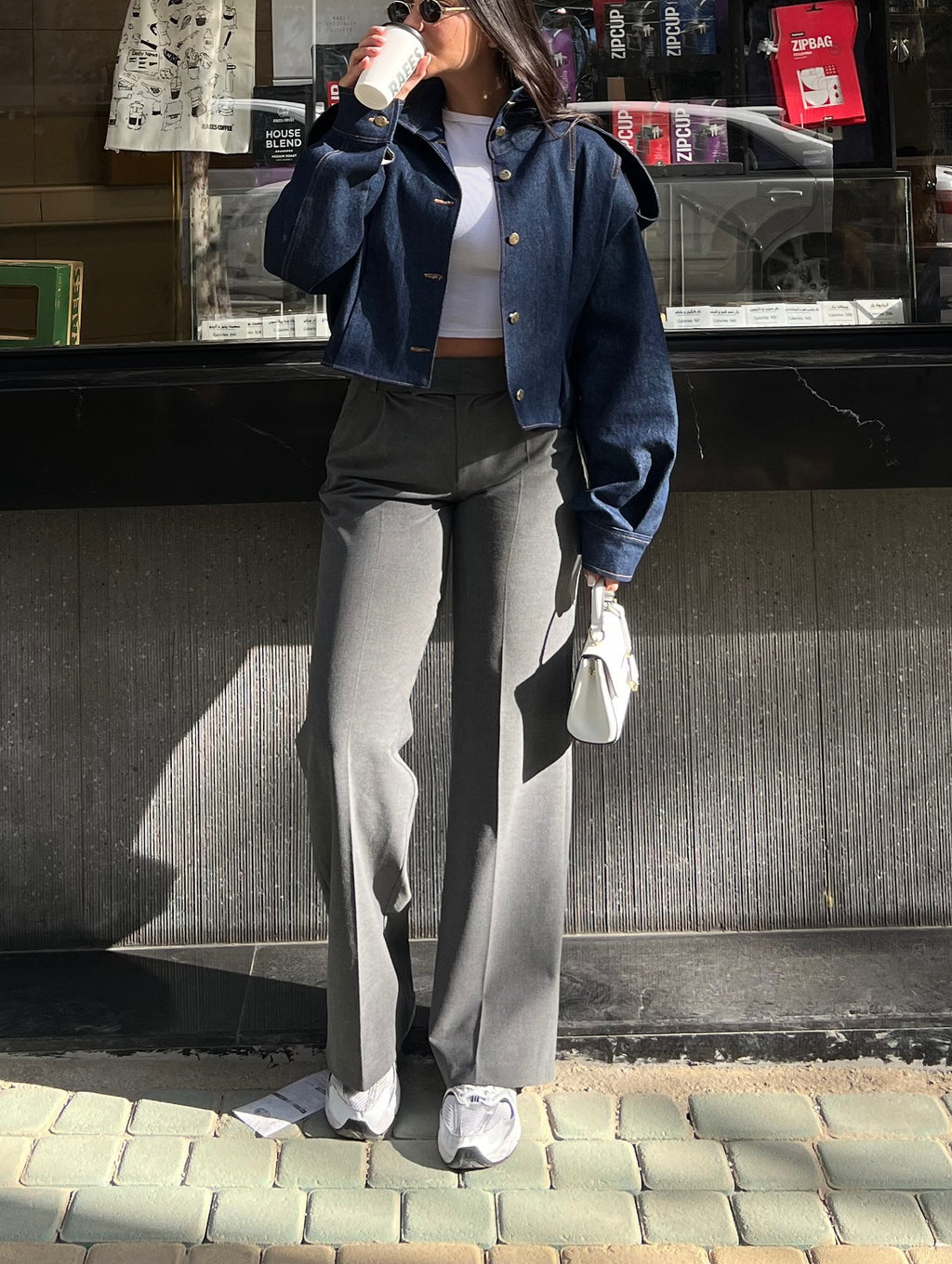 Dark Blue Denim Cropped Jacket With Gold Button Accents And Structured Shoulders