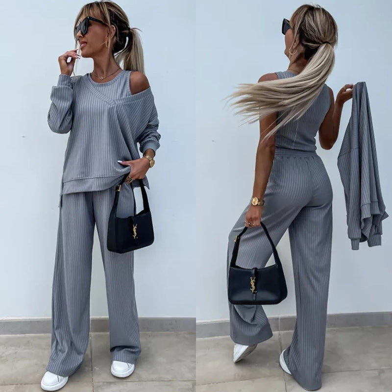 Women's Solid Color Vest Inner Match Long-sleeved V-neck Top Casual Pants Three-piece Set
