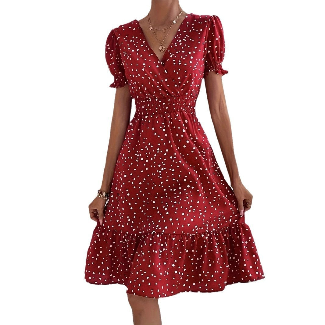 Casual Short Sleeve Cross Collar Polka Dot Dress