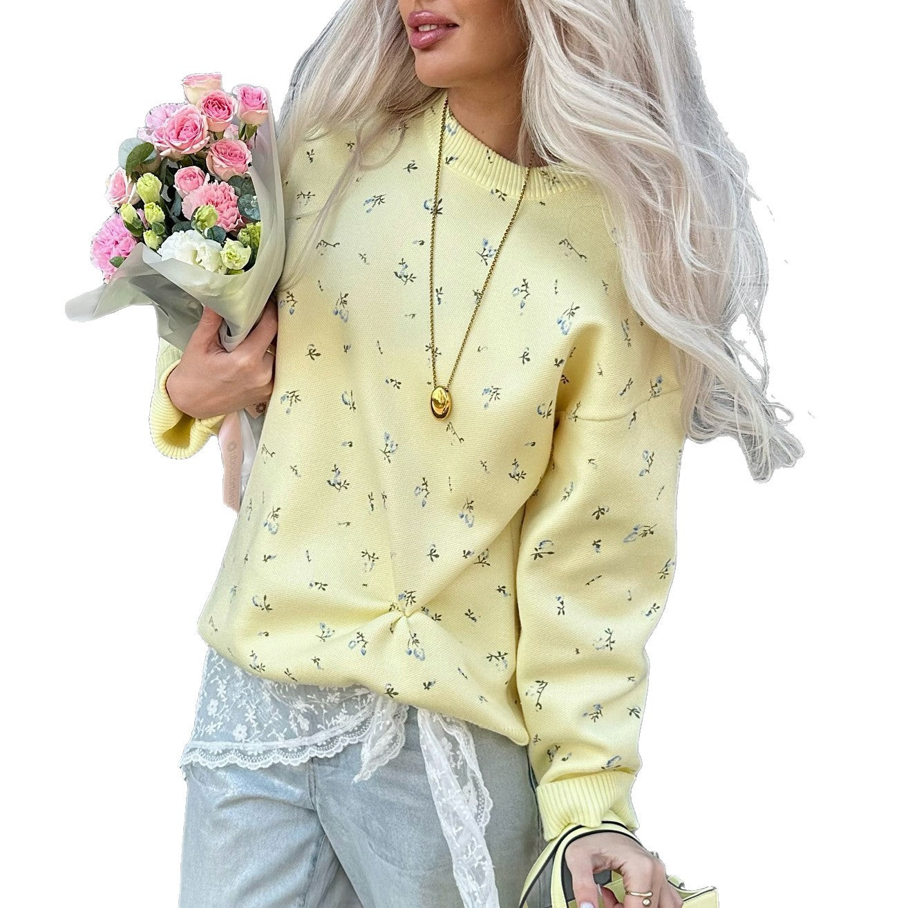 Womens European And American-style Chic Floral-print Crew-neck Pullover Sweater