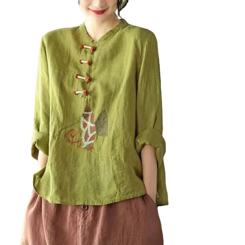 Ethnic Style Plus Size Cotton And Linen Shirt For Women